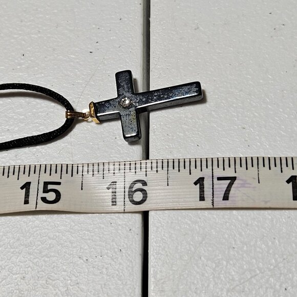 Black Cross Pendant Cord Necklace Rhinestone Accent Religious Spiritual Jewelry - Picture 5 of 5